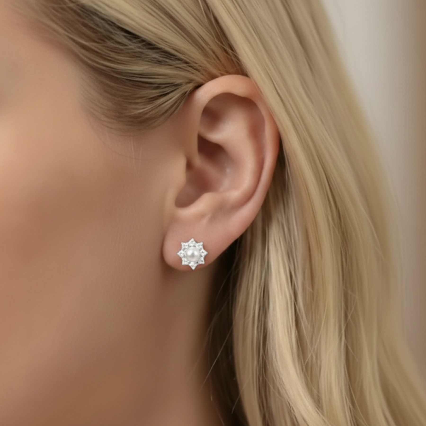 Elegant pearl and CZ stud earrings in sterling silver, timeless bridal earrings perfect for weddings, bridesmaids and formal occasions.