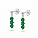 Emerald crystal drop earrings in sterling silver - three stacked faceted emerald bicone crystals on a ball stud post, handmade in the UK by Made Here with Love