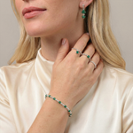 Emerald coloured jewellery worn together, featuring green gemstone earrings and coordinating pieces.