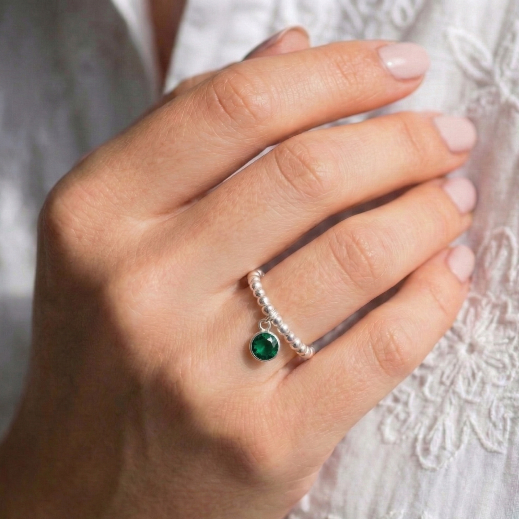 Emerald May birthstone ring with sterling silver beads, stretch gemstone ring UK