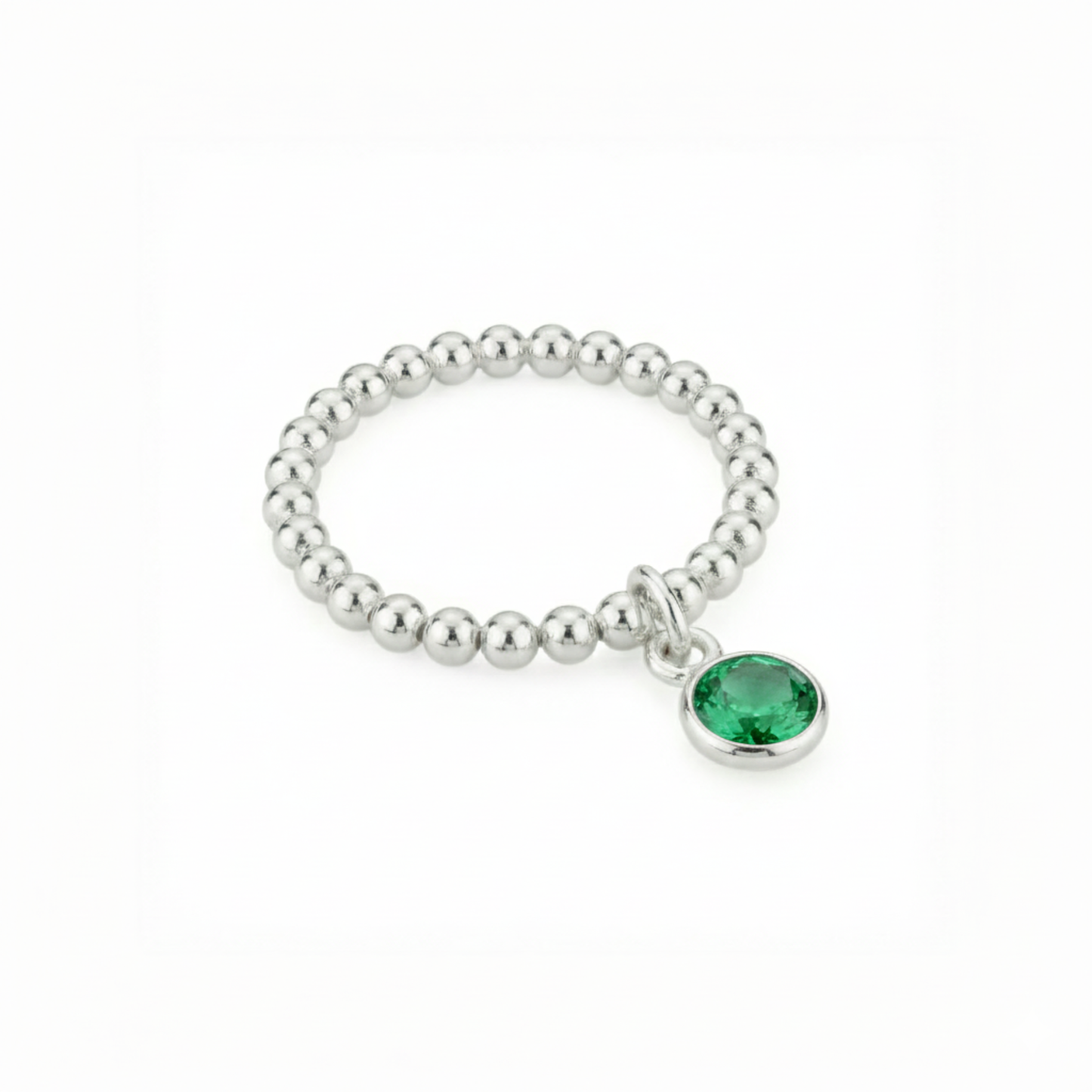 Emerald May Birthstone Ring – Sterling Silver Beaded Charm Ring