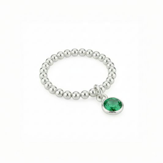 Emerald May Birthstone Ring – Sterling Silver Beaded Charm Ring