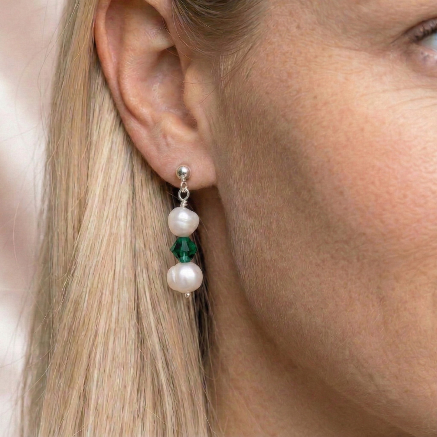 Freshwater Pearl and Emerald Earrings