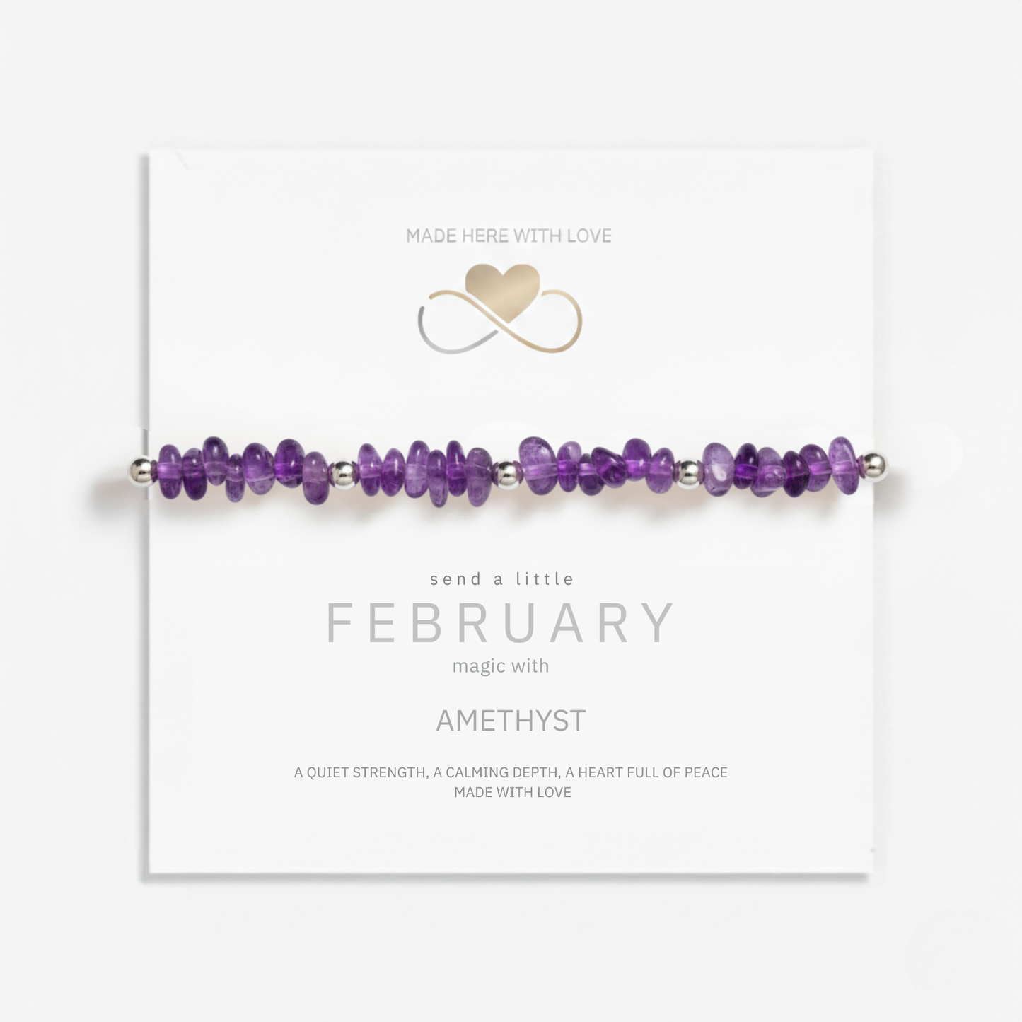 February birthstone bracelet with amethyst beads in sterling silver, meaningful purple gemstone jewellery gift.