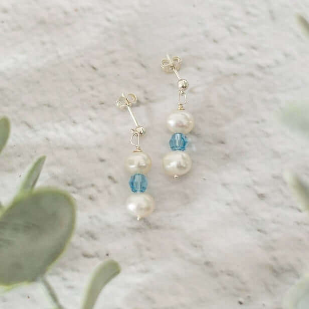 Freshwater Pearl and Aquamarine Earrings - Made Here with Love