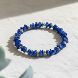 Gold and blue gemstone stretch bead bracelet with lapis lazuli, September birthstone jewellery gift