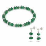 Green beaded bracelet and earrings on a white background
