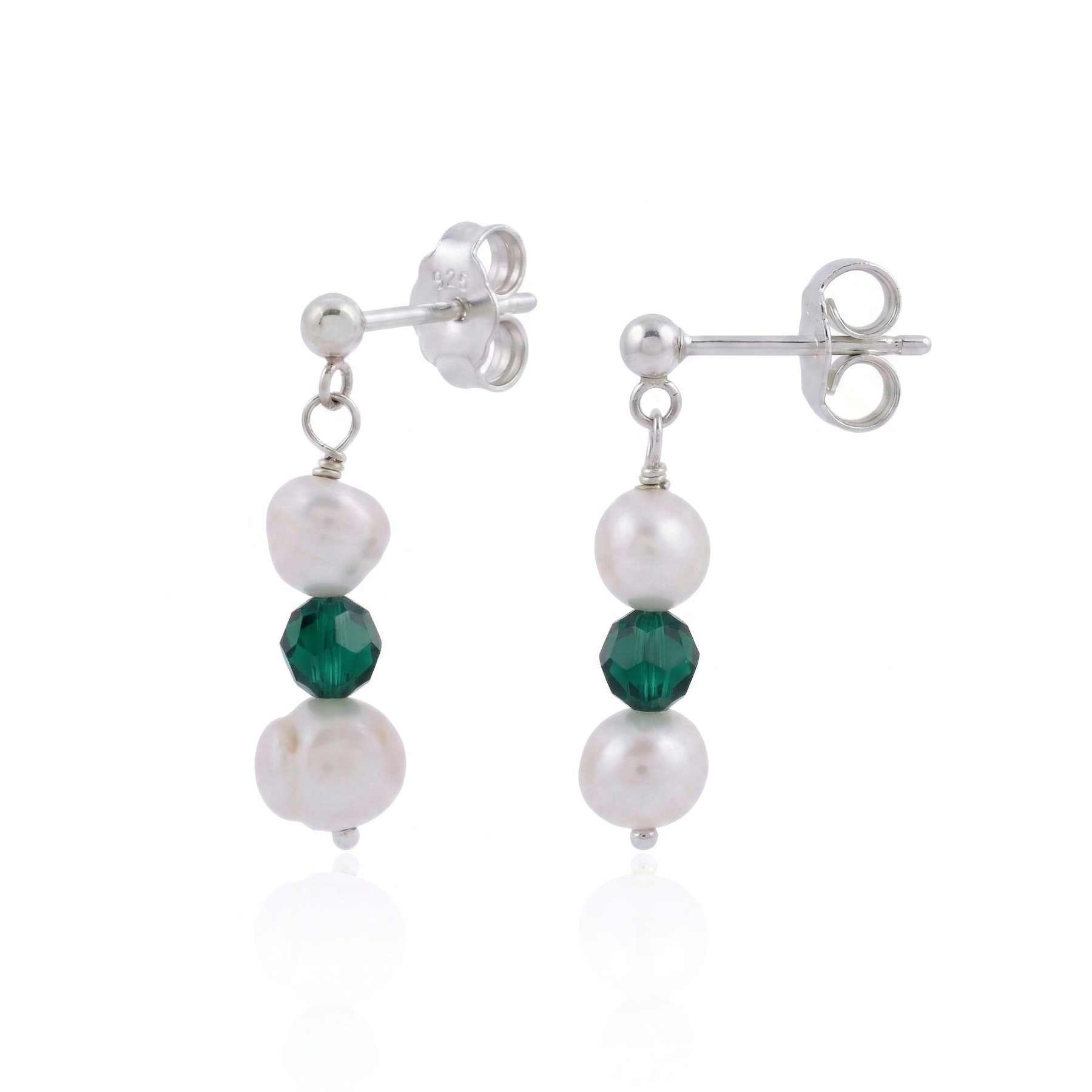 Green gemstone and pearl stud earrings in sterling silver, handmade jewellery UK