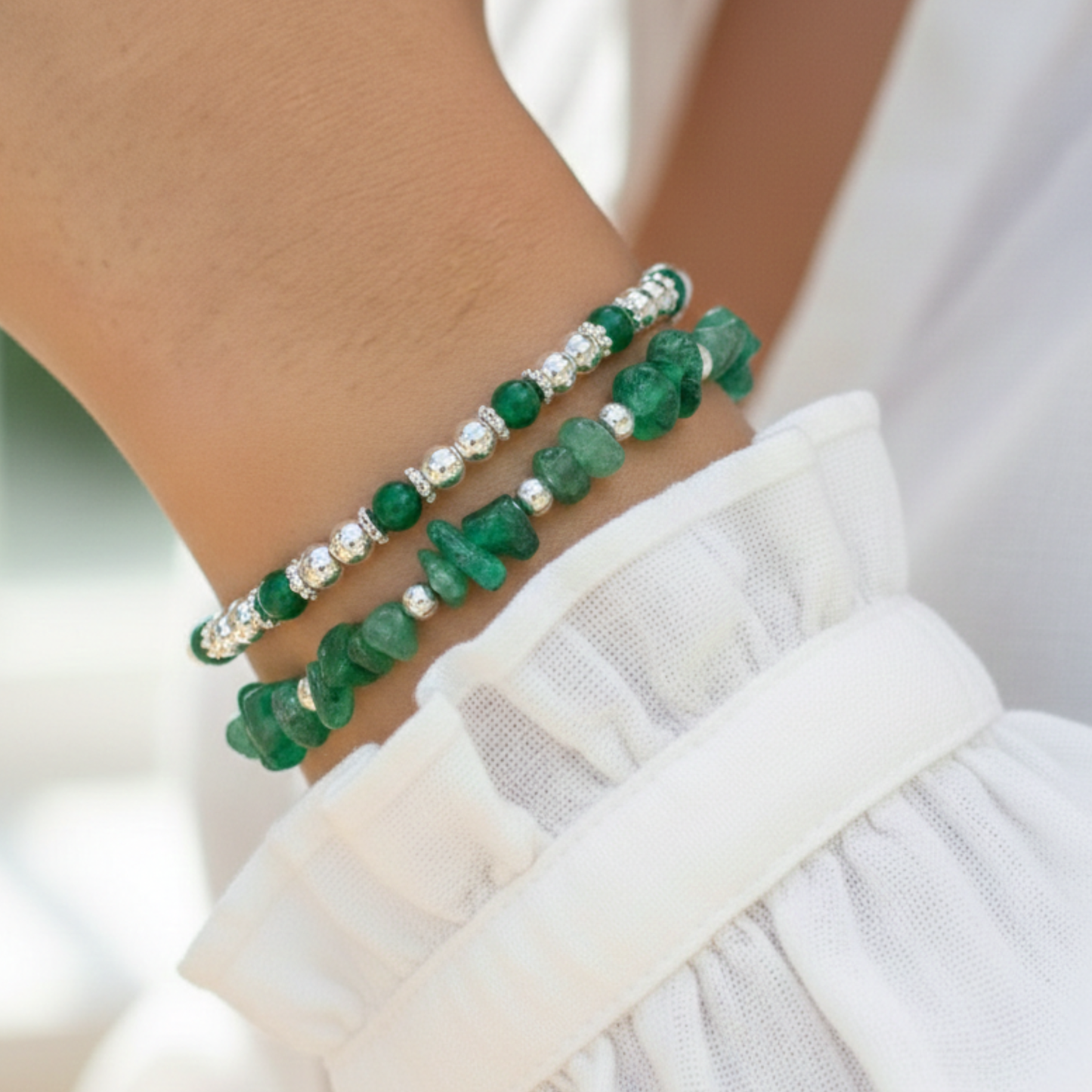 Green and sterling silver bracelet stack with gemstone beads, elegant layered jewellery set for everyday styling.