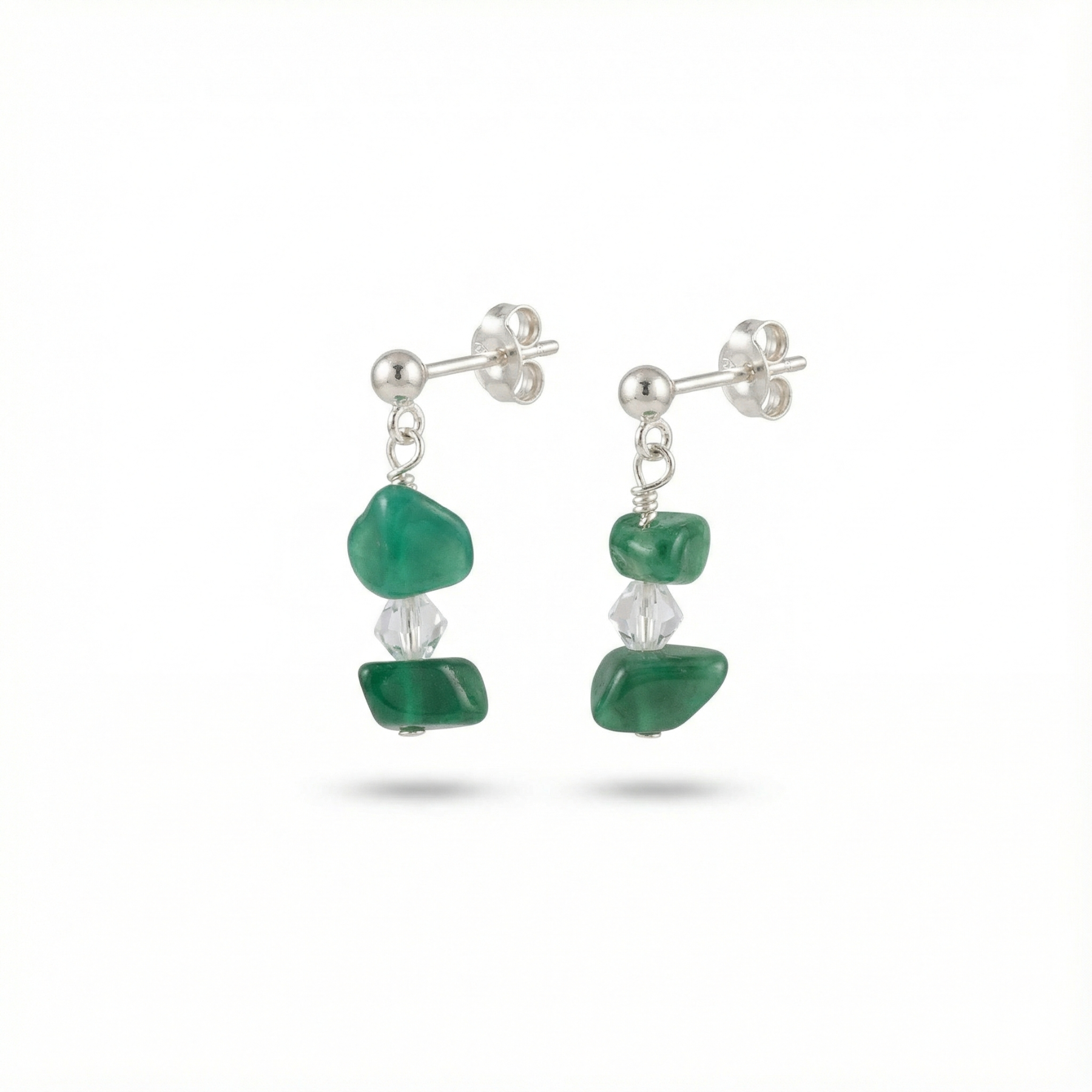 Emerald green gemstone earrings in sterling silver, featuring delicate green bead drops.