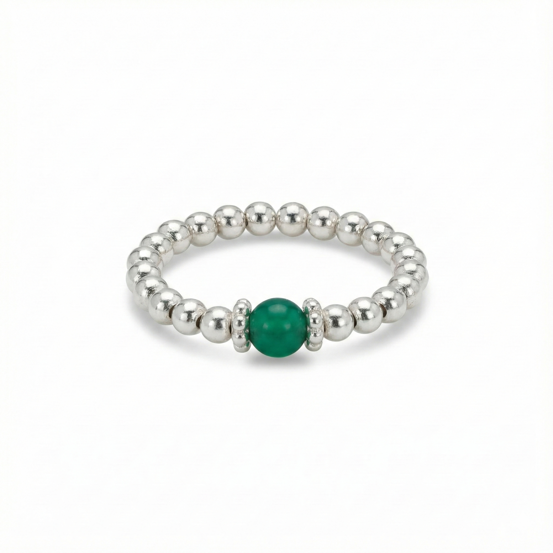Green gemstone bead ring with sterling silver stretch beads and a polished green stone.