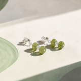 Green jade sterling silver gemstone drop earrings with natural translucent jade stones and polished silver studs, elegant meaningful jade jewellery gift.