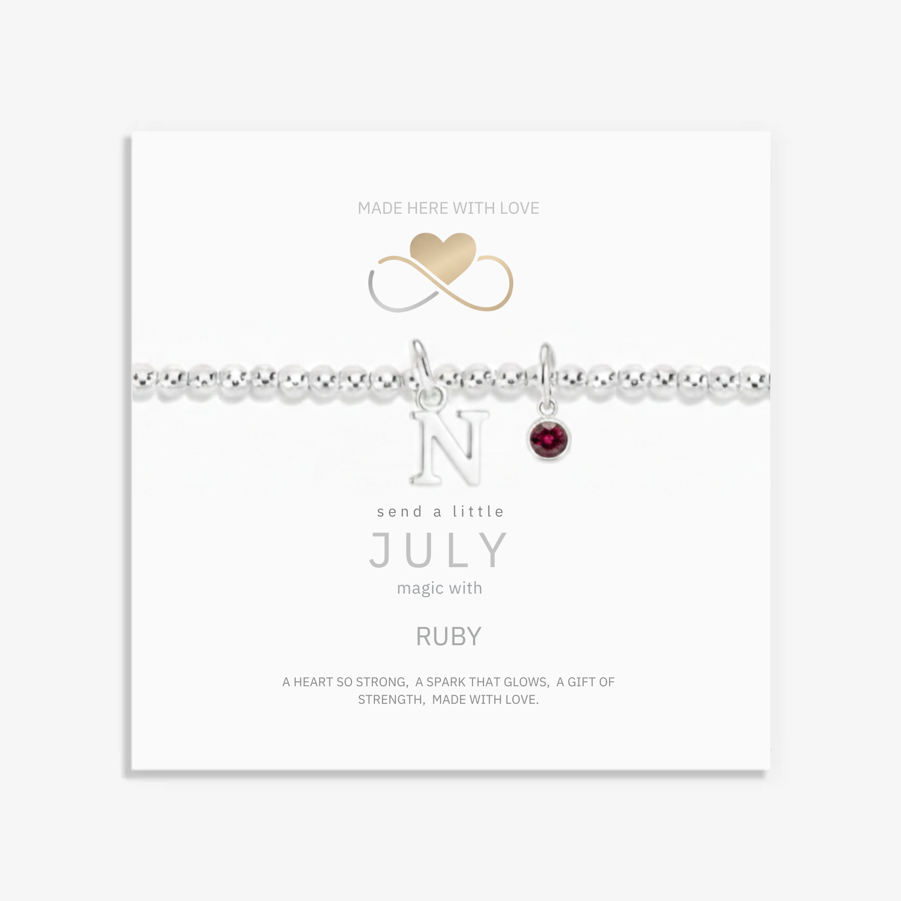 Initial and July ruby birthstone bracelet in sterling silver, personalised jewellery gift for her