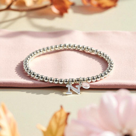 Initial & October Birthstone Bracelet | Personalised Stretch Bead Bracelet
