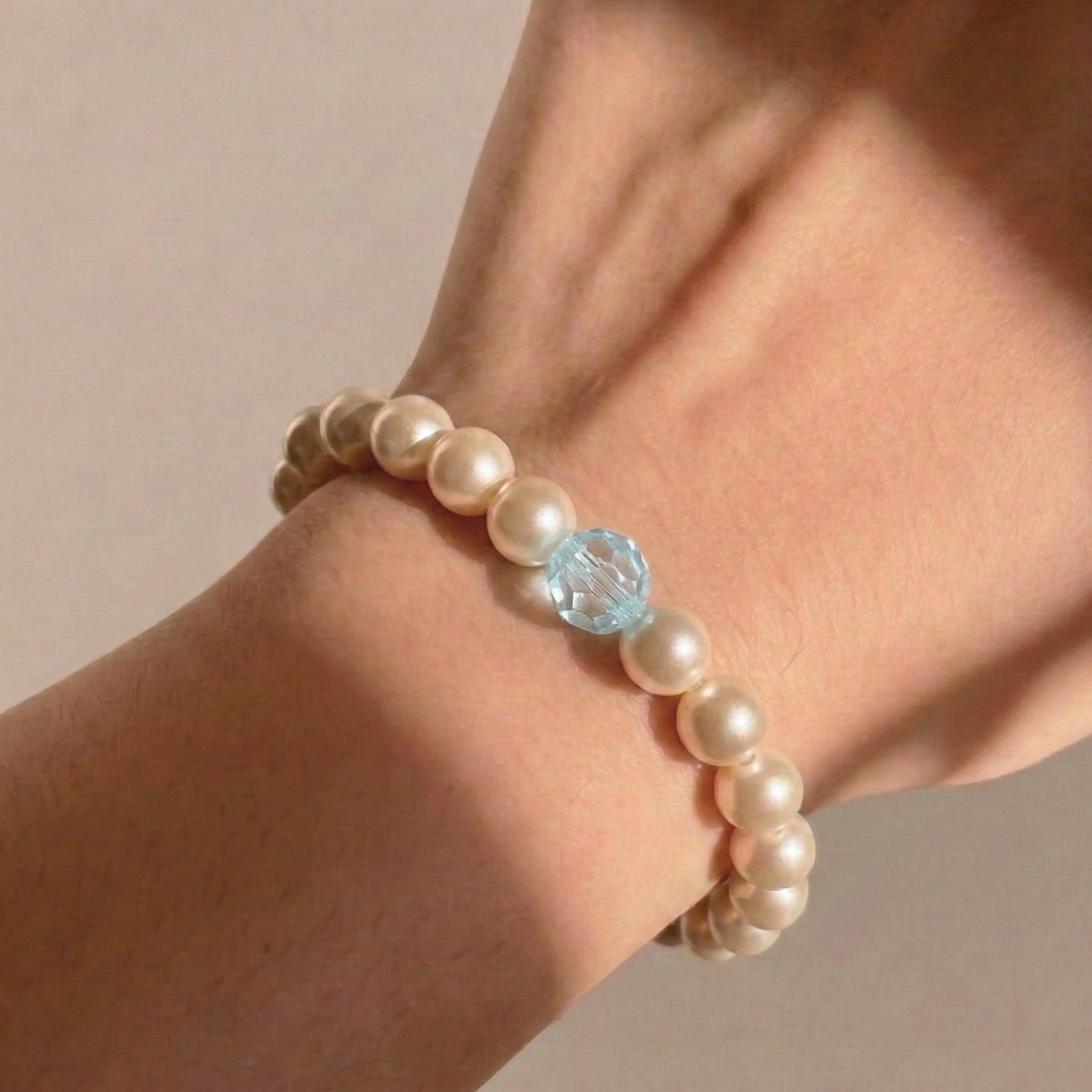 Ivory pearl and blue crystal bracelet, bridesmaid jewellery UK
