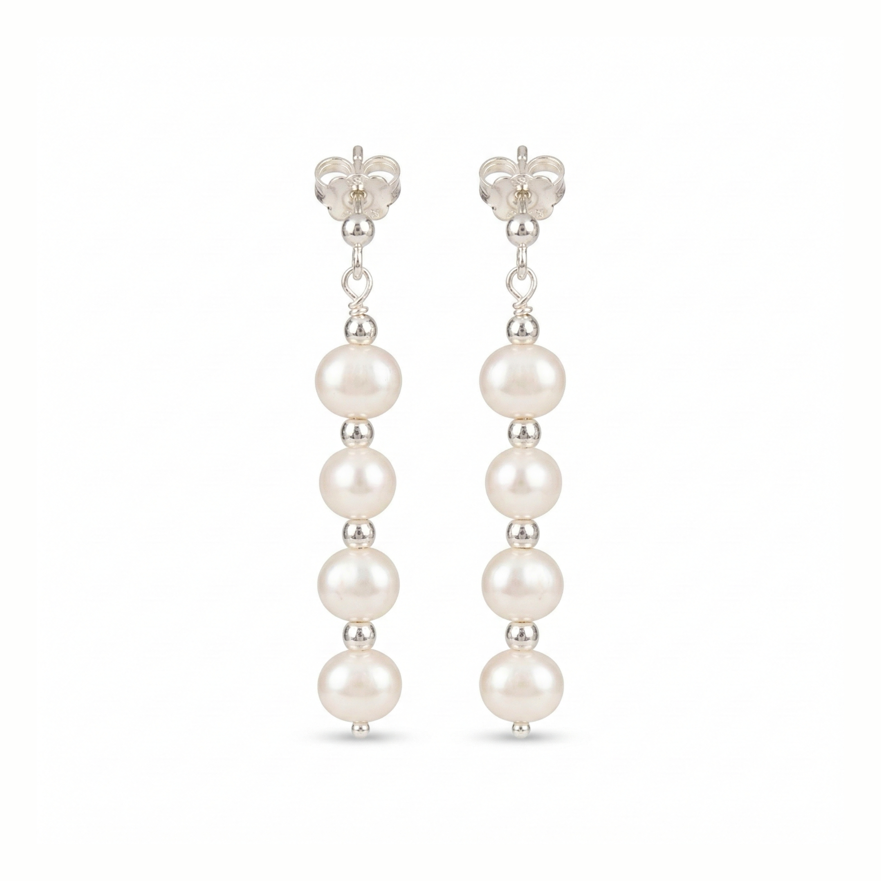 Ivory freshwater pearl long drop earrings in sterling silver, wedding jewellery UK