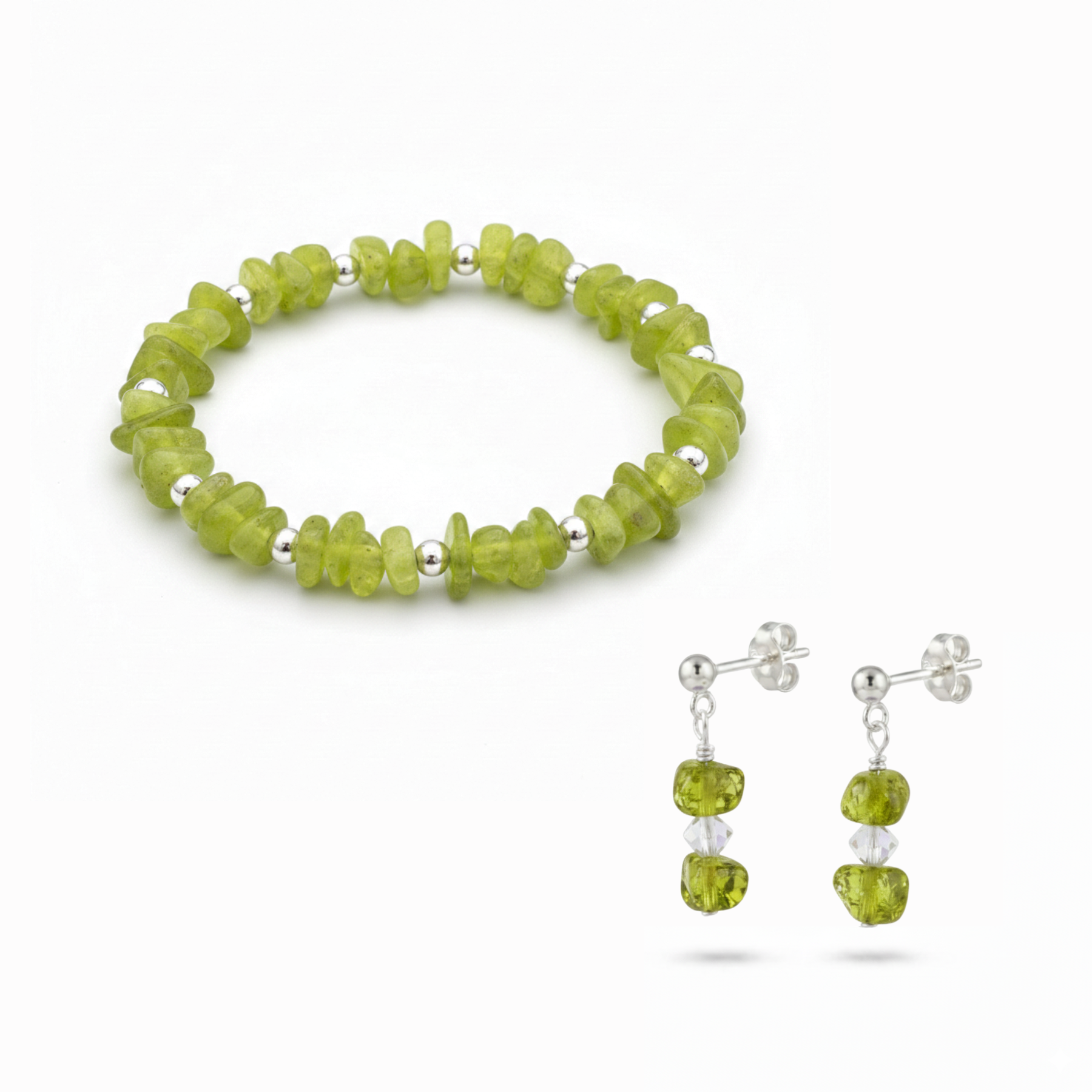 Green jade jewellery set with matching jade bracelet and drop earrings in sterling silver, meaningful gemstone gift set for her.