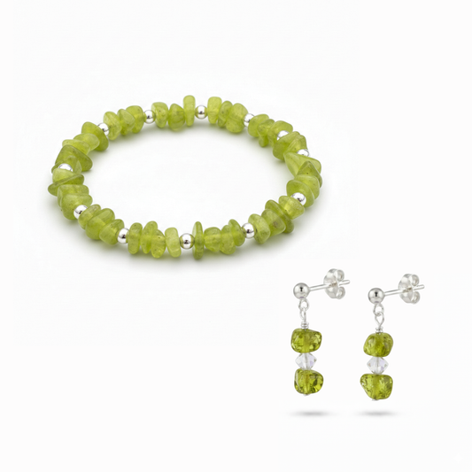 Green jade jewellery set with matching jade bracelet and drop earrings in sterling silver, meaningful gemstone gift set for her.