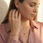 January garnet birthstone jewellery set worn, featuring red garnet pendant necklace and matching bracelet.