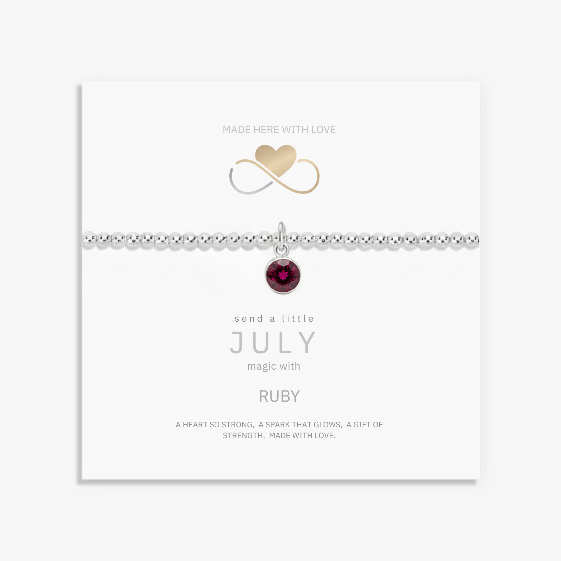 July birthstone bracelet gift with ruby charm and sterling silver beads, handmade jewellery UK
