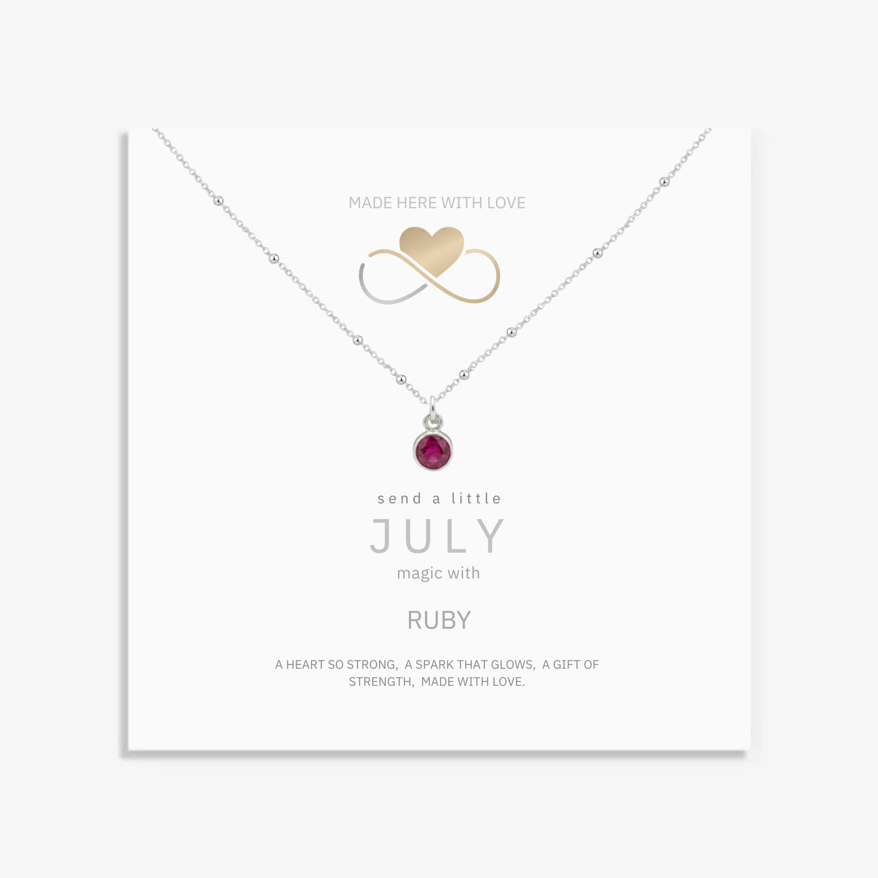 July birthstone necklace with ruby charm on message card, jewellery gift UK