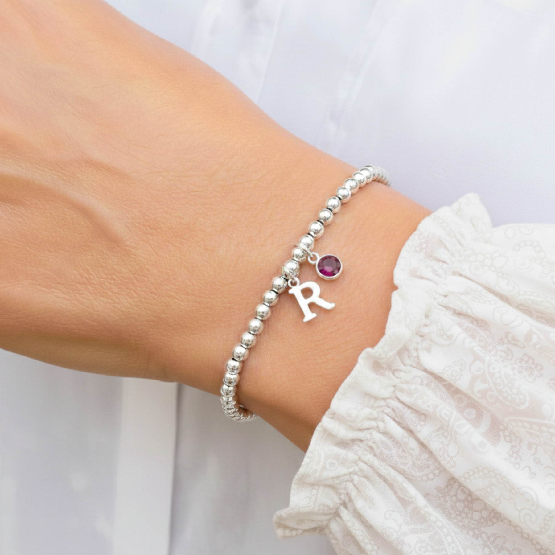 July ruby birthstone personalised bracelet gift in sterling silver, meaningful birthday jewellery for her