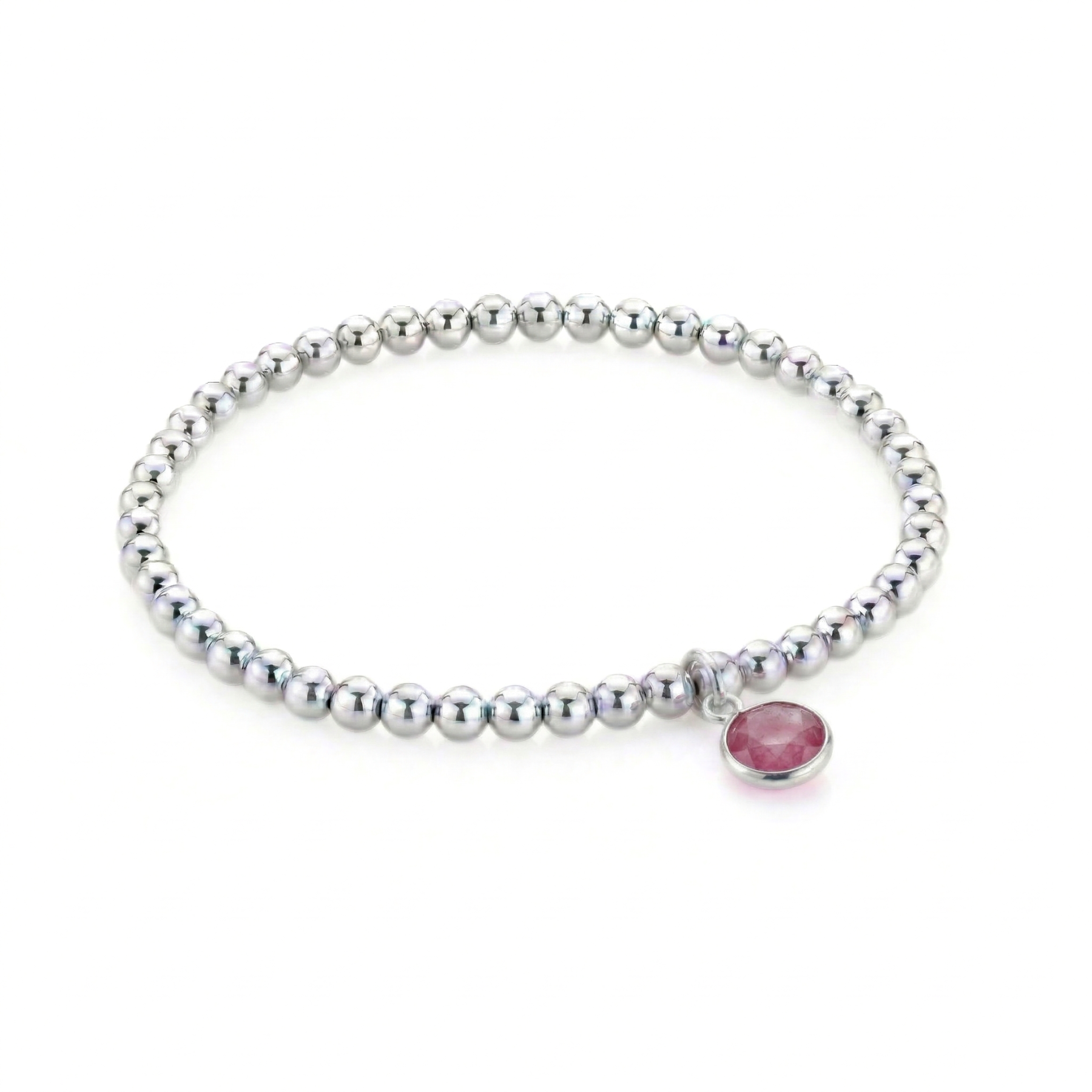Ruby July birthstone bracelet with sterling silver beads, handmade stretch bracelet UK