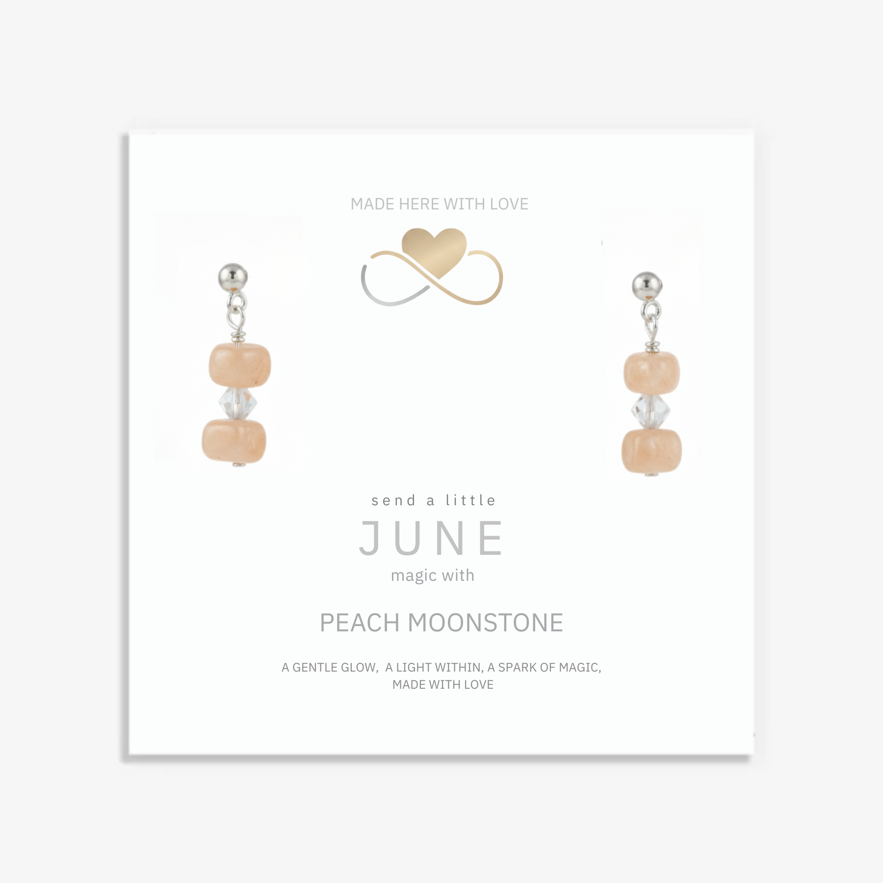 June birthstone earrings featuring natural peach moonstone gemstones in sterling silver, alternative June birthday gift idea.