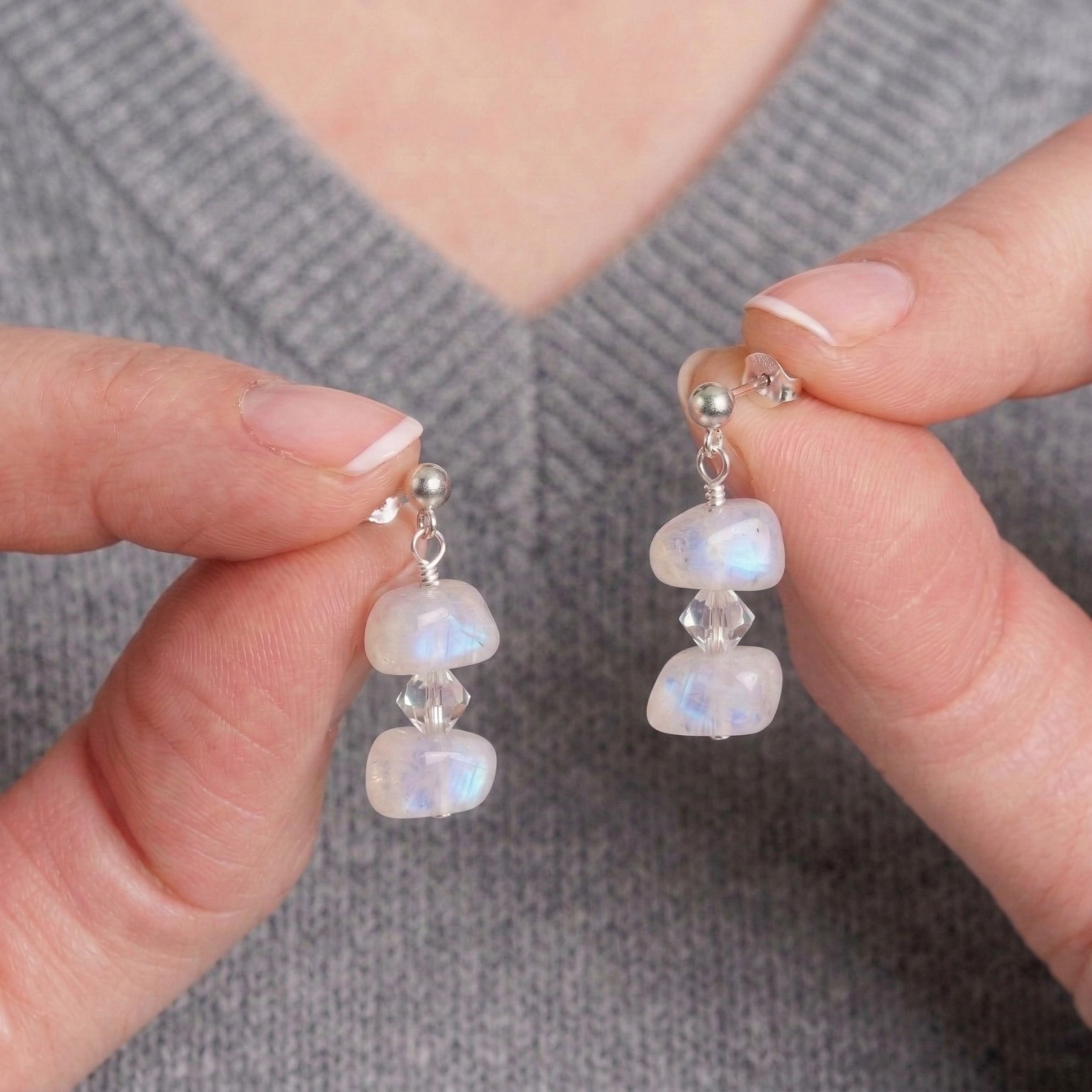 June birthstone moonstone earrings in sterling silver, dainty drop earrings UK