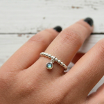 Labradorite charm ring in sterling silver, March birthstone stretch ring UK