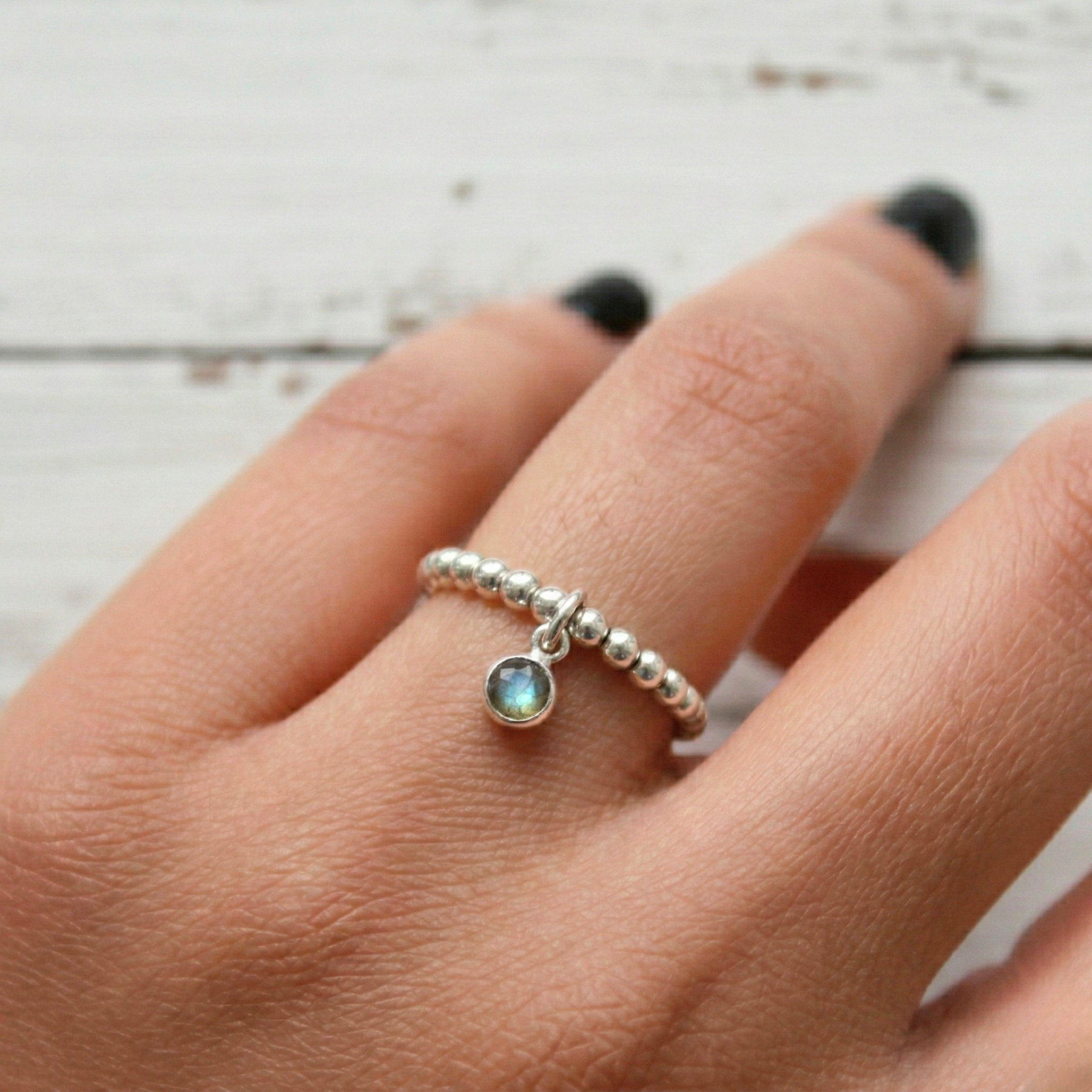 Labradorite charm ring in sterling silver, March birthstone stretch ring UK