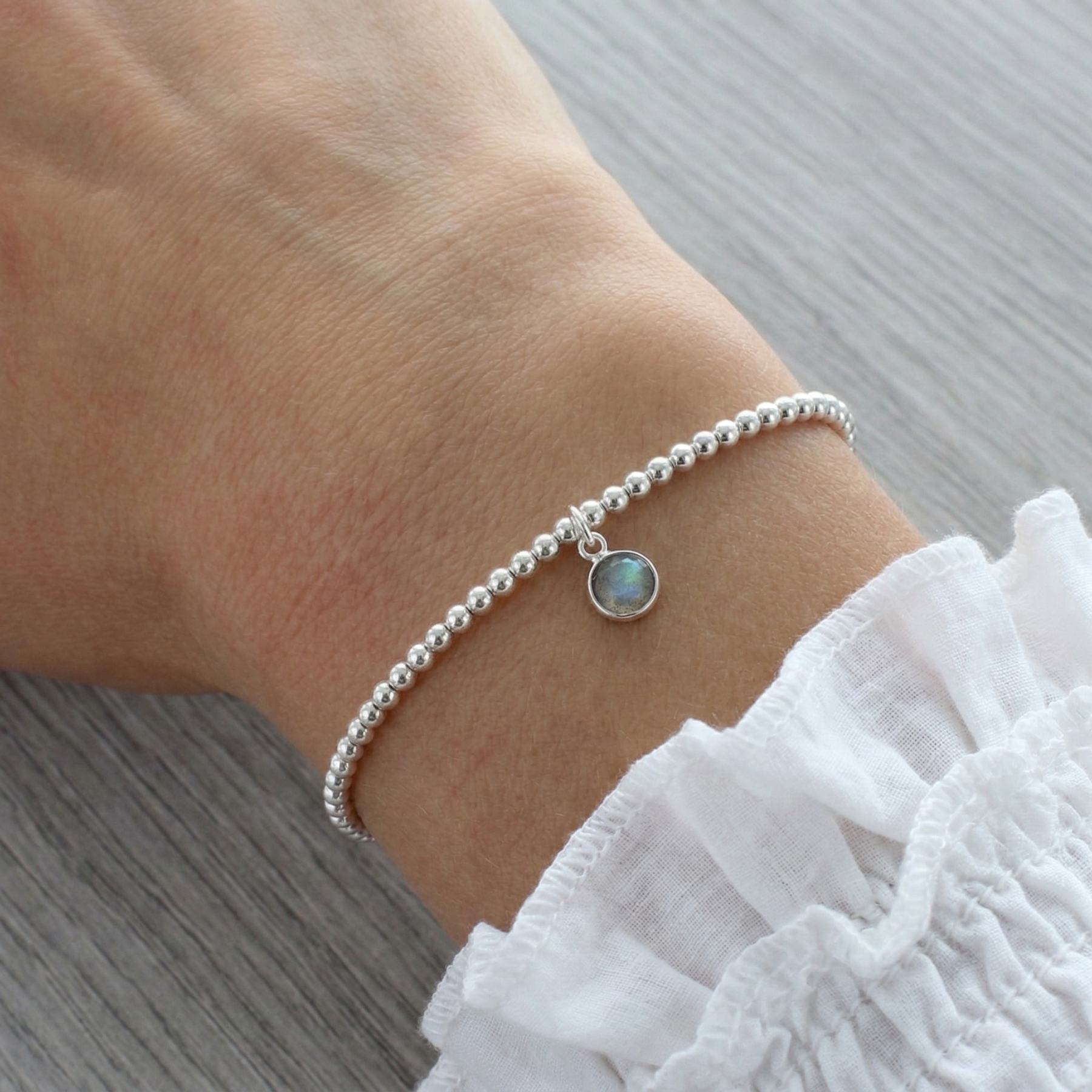 March birthstone bracelet with labradorite charm, sterling silver stretch bracelet UK