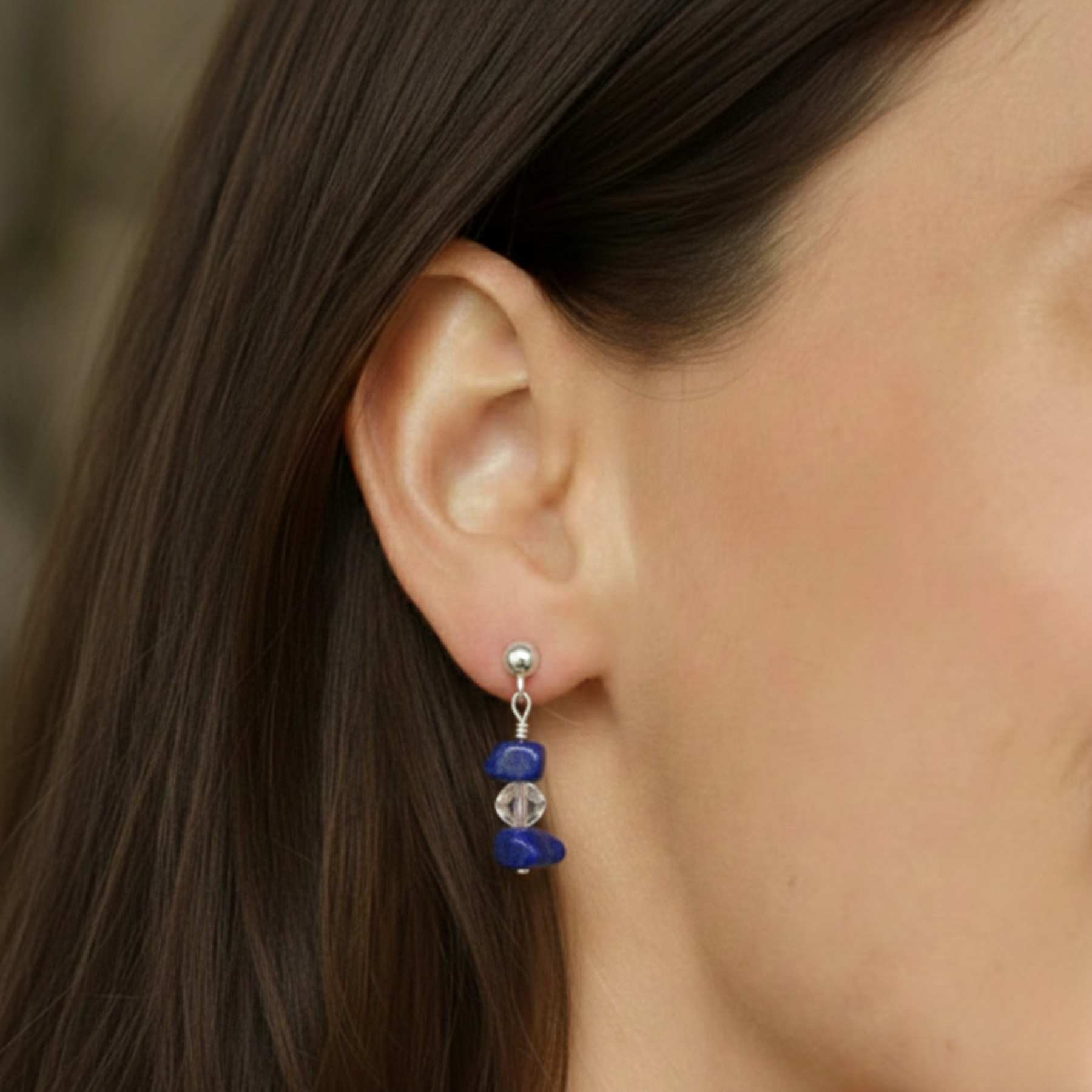 Lapis lazuli gemstone earrings in sterling silver with deep blue stones and golden flecks, September birthstone jewellery gift for her.