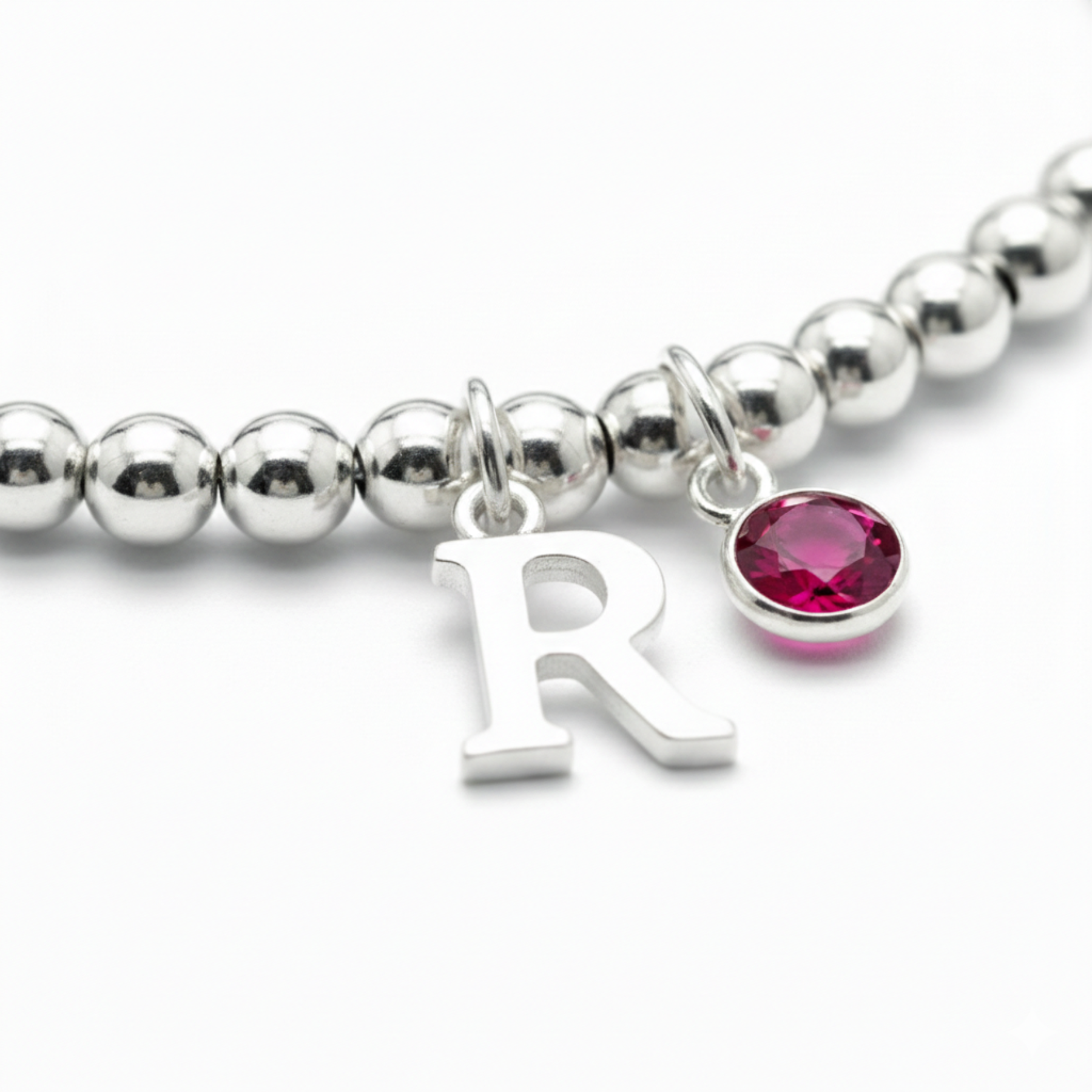 Letter and ruby gemstone bracelet gift for July birthday, sterling silver beaded birthstone jewellery