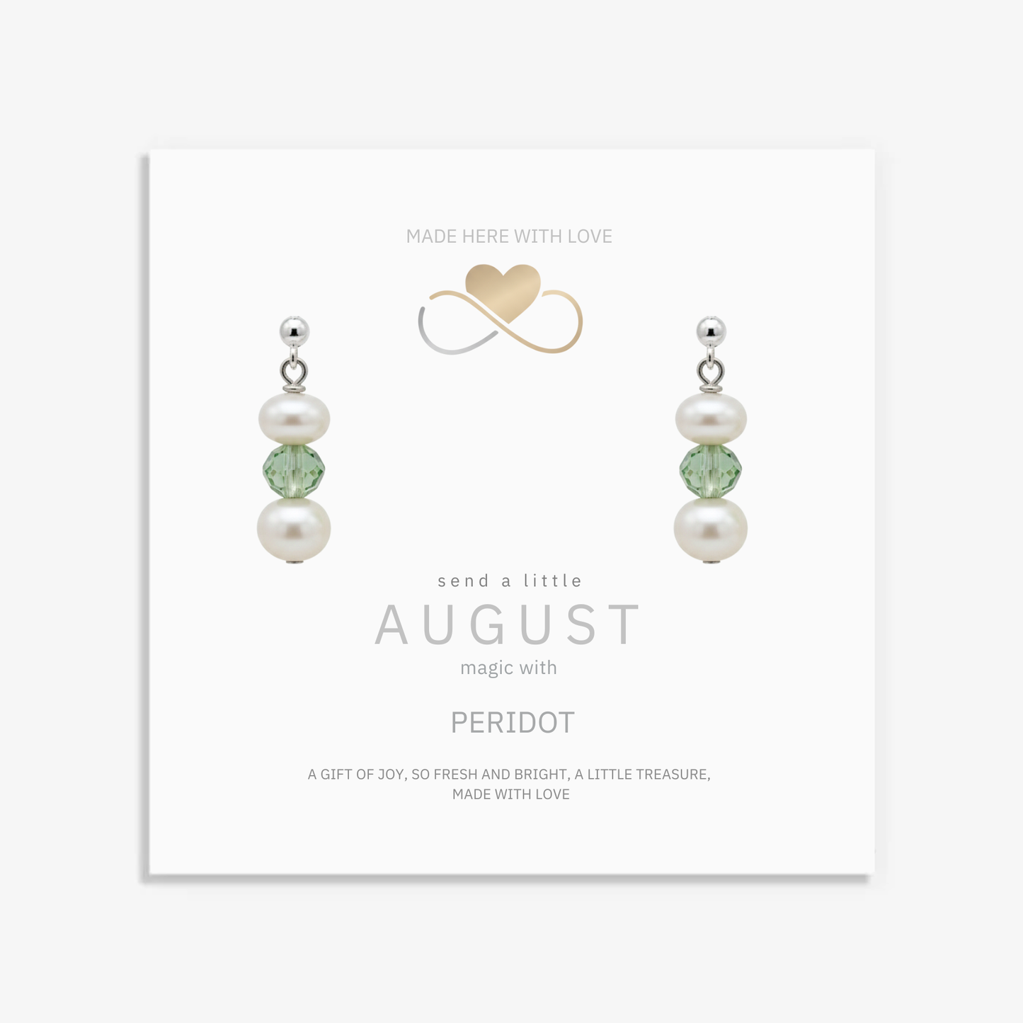 Light green peridot and pearl August birthstone earrings in sterling silver, elegant summer jewellery gift.