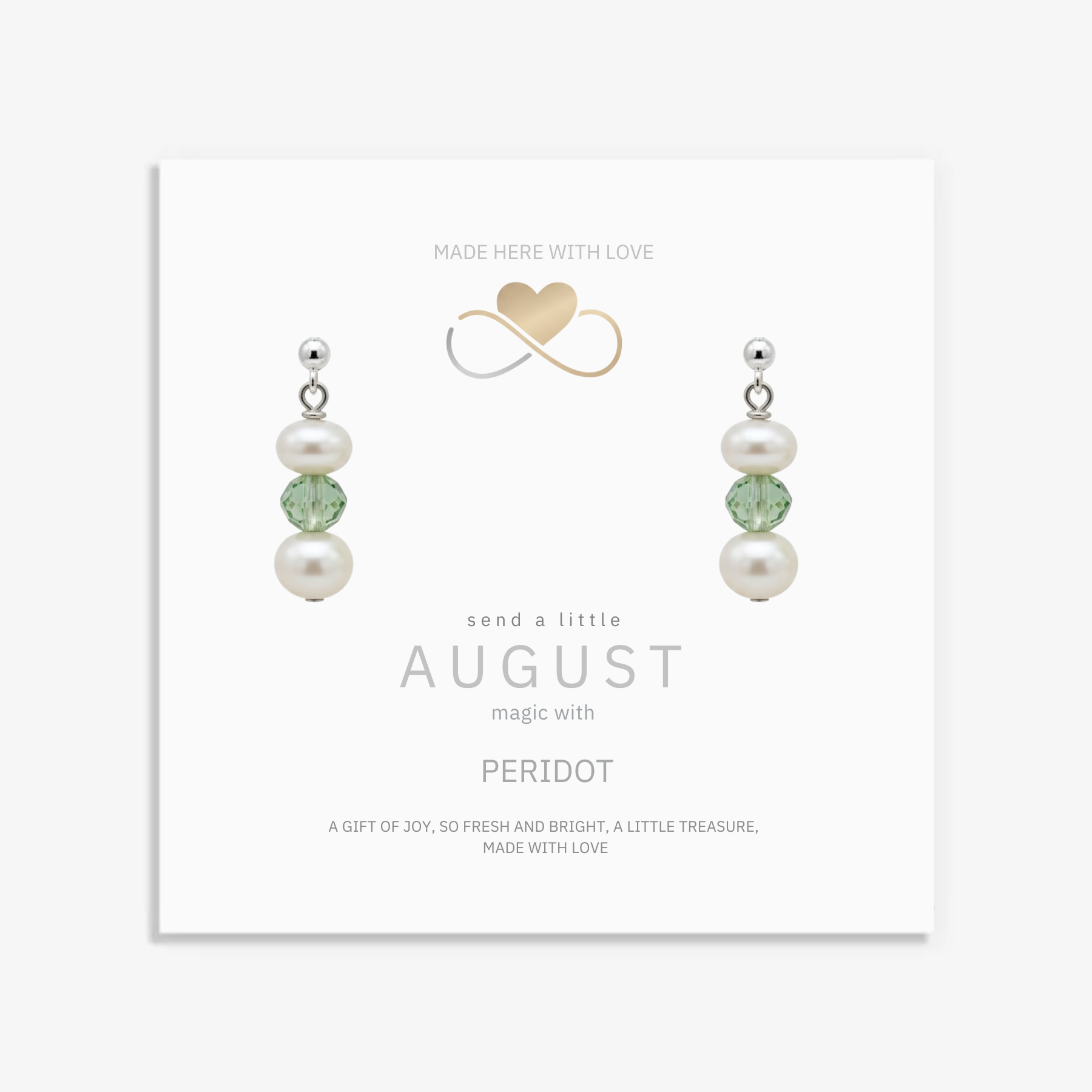 Light green peridot and pearl August birthstone earrings in sterling silver, elegant summer jewellery gift.