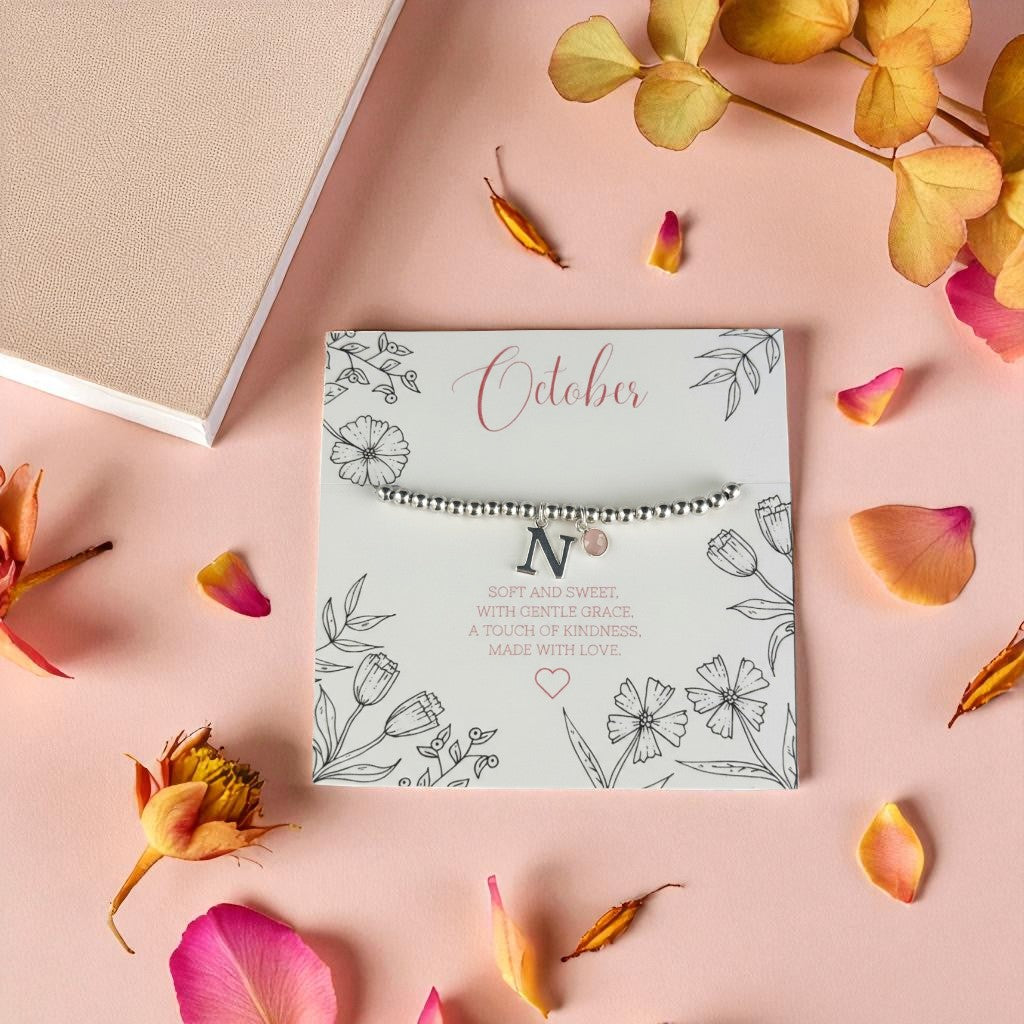 Initial & October Birthstone Bracelet | Personalised Stretch Bead Bracelet