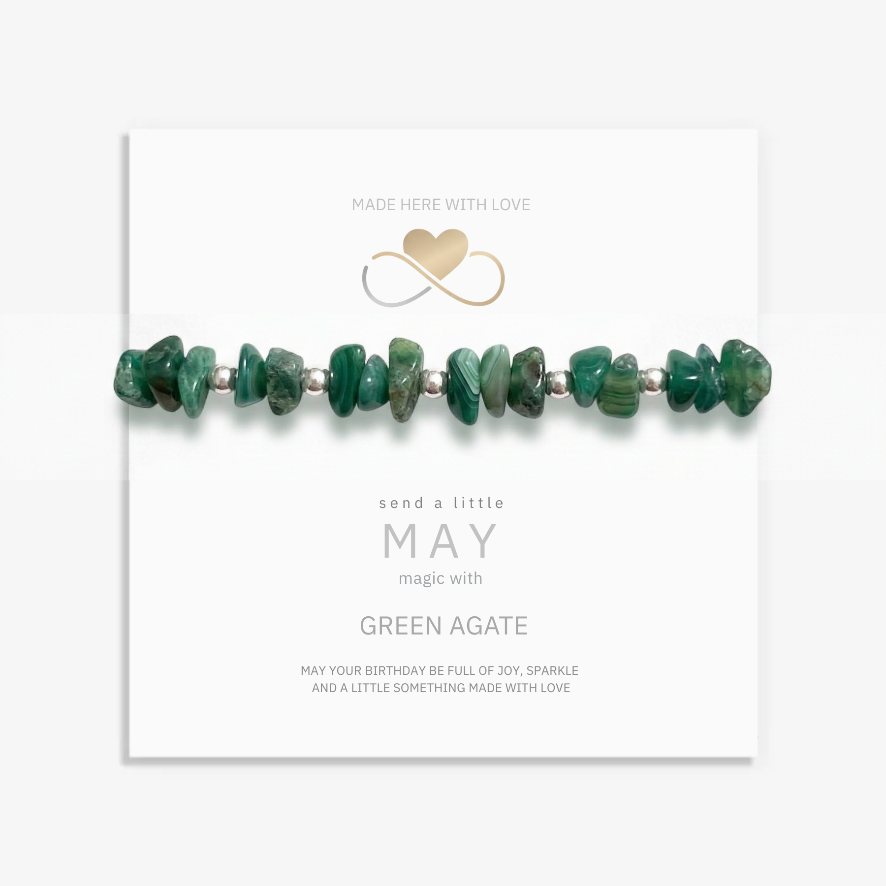 May birthstone bracelet with green agate crystals, handmade stretch bracelet UK