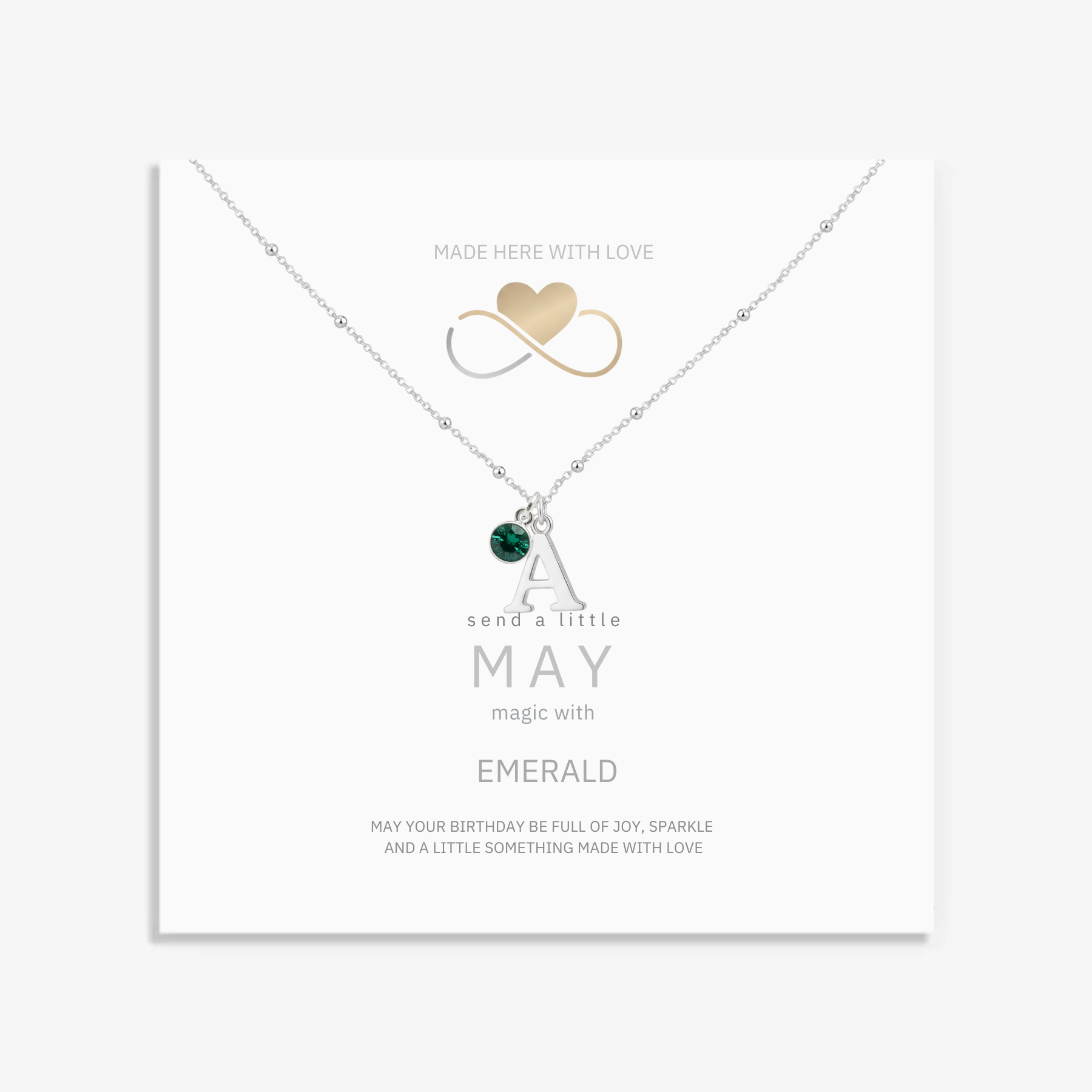 May emerald birthstone necklace with personalised initial letter charm in sterling silver