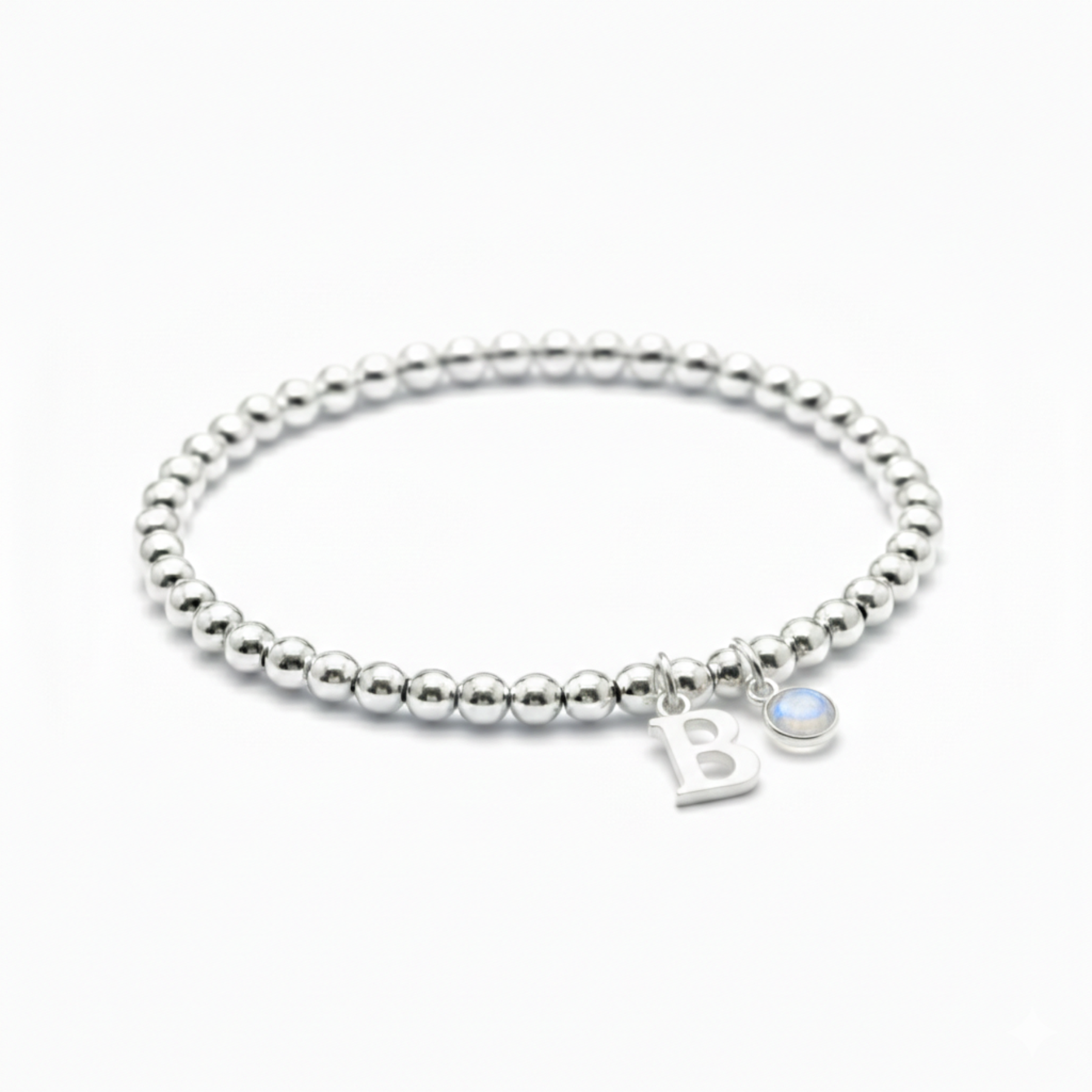 Moonstone and letter charm bracelet, June birthstone jewellery gift for her in sterling silver