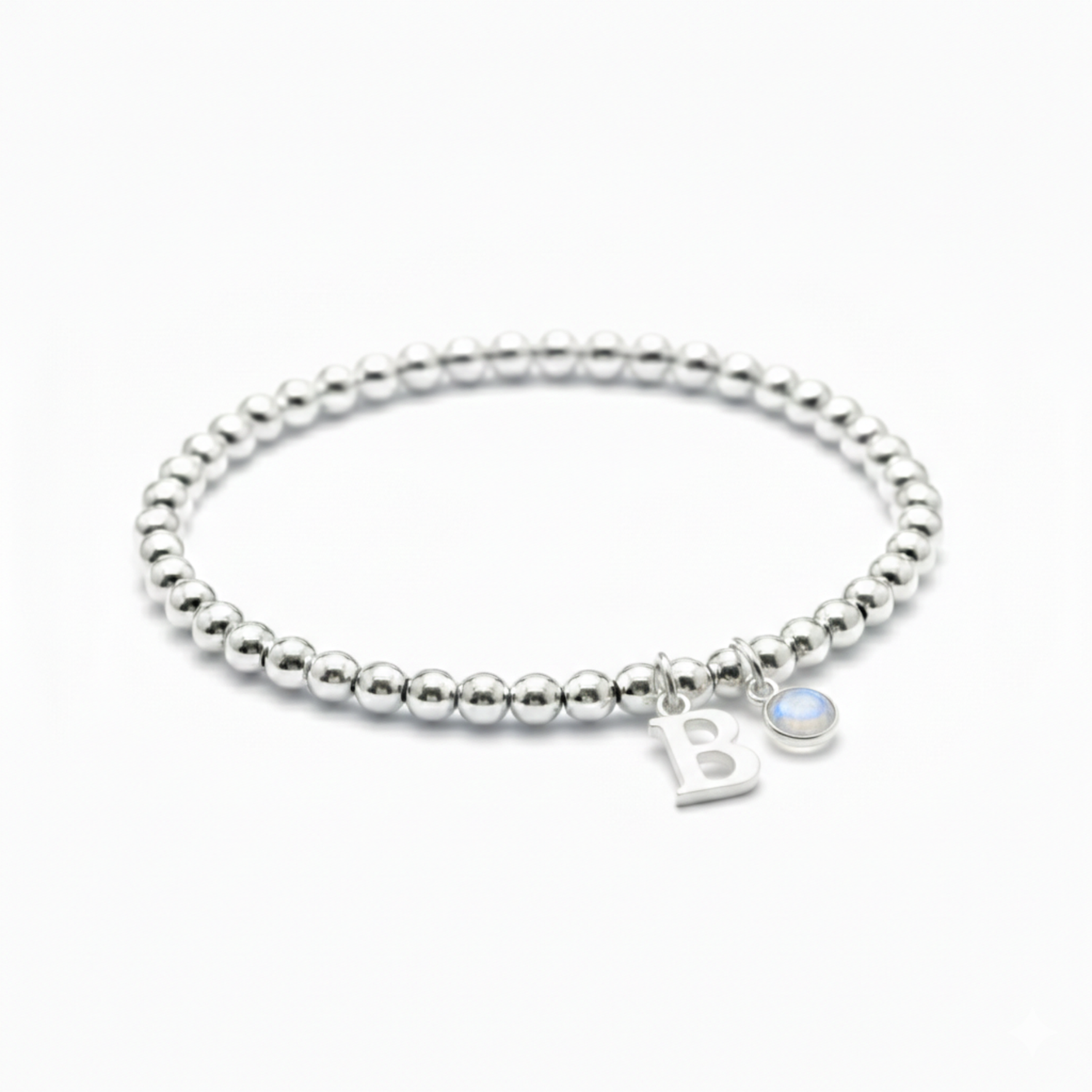 Moonstone and letter charm bracelet, June birthstone jewellery gift for her in sterling silver