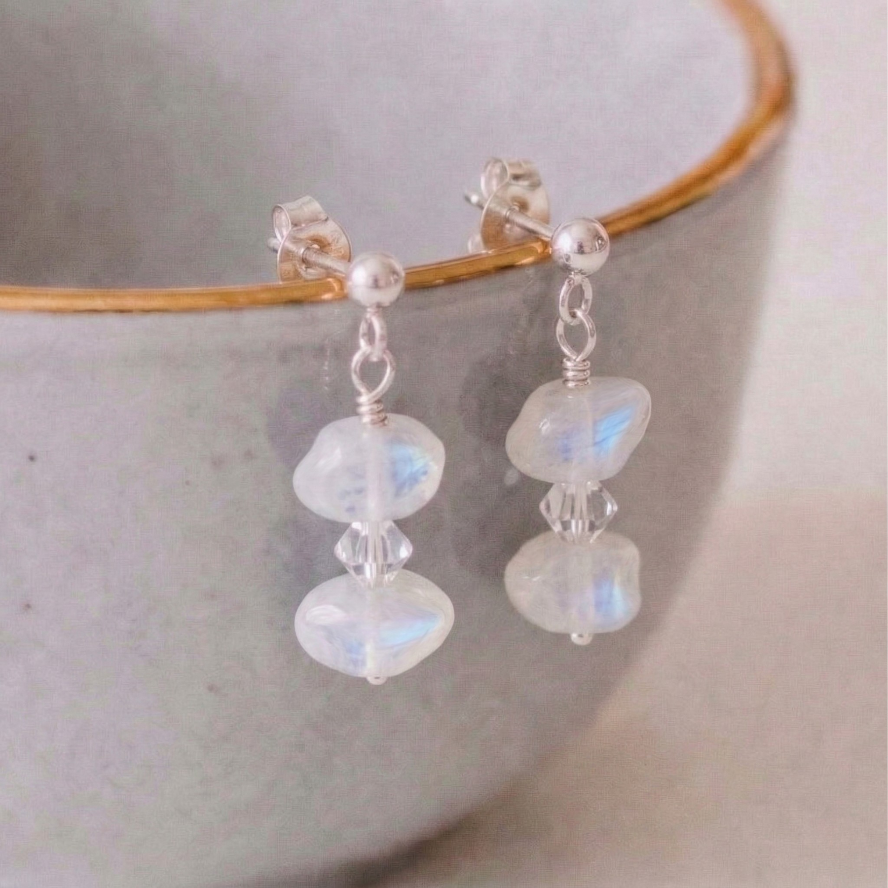 Moonstone stud drop earrings in sterling silver, June birthstone earrings UK