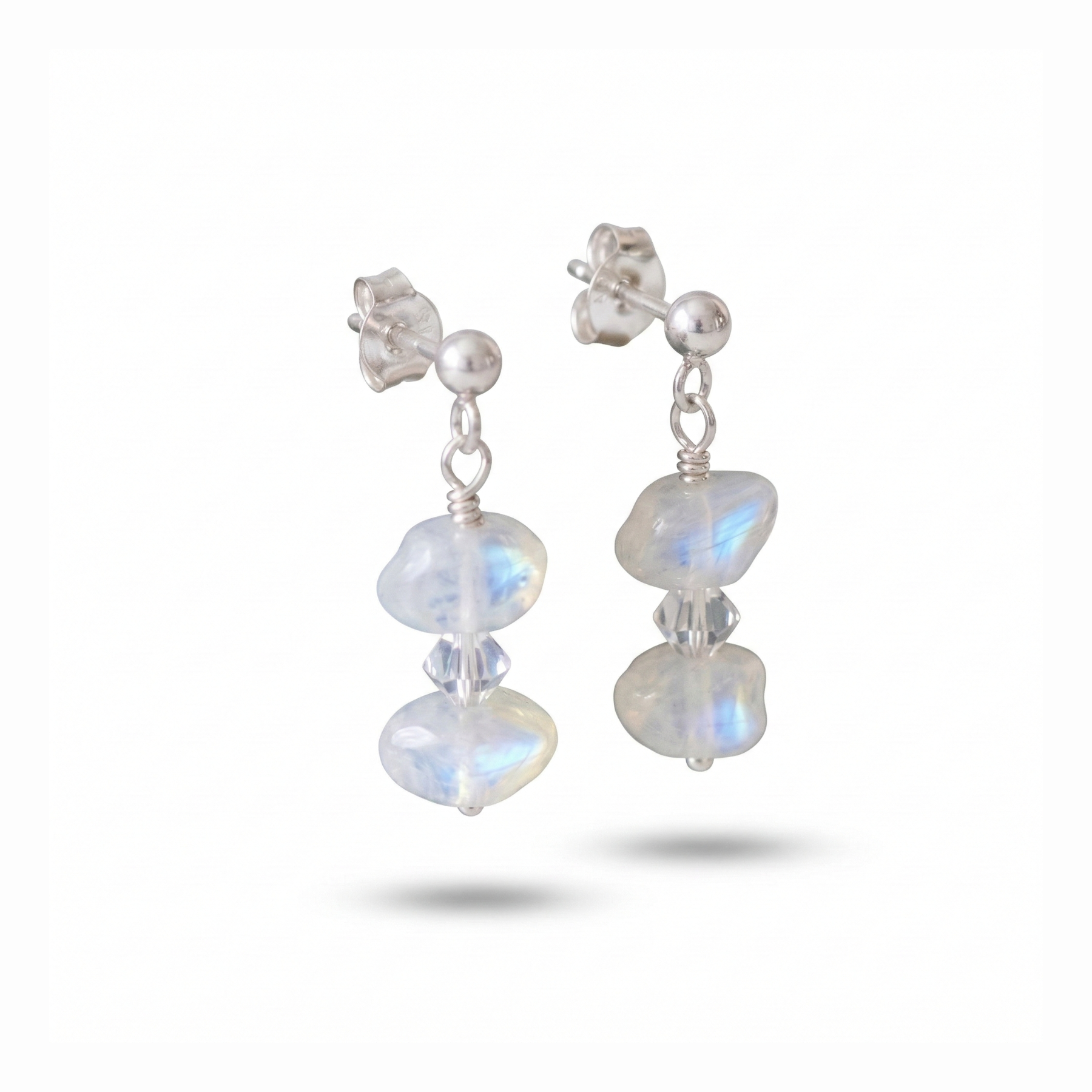 Moonstone gemstone drop earrings in sterling silver, handmade birthstone jewellery UK