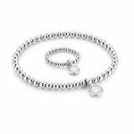 Handmade moonstone birthstone jewellery set featuring matching sterling silver stretch bead bracelet and ring with oval moonstone charm, June birthstone gift by Made Here with Love