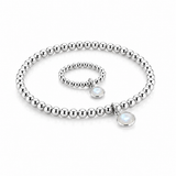 Handmade moonstone birthstone jewellery set featuring matching sterling silver stretch bead bracelet and ring with oval moonstone charm, June birthstone gift by Made Here with Love