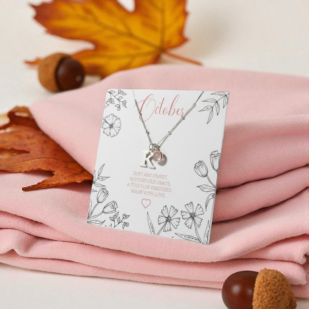 Initial & October Birthstone Necklace | Personalised Rose Quartz Gift