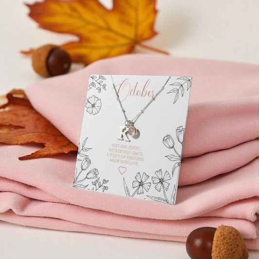 Initial & October Birthstone Necklace | Personalised Rose Quartz Gift