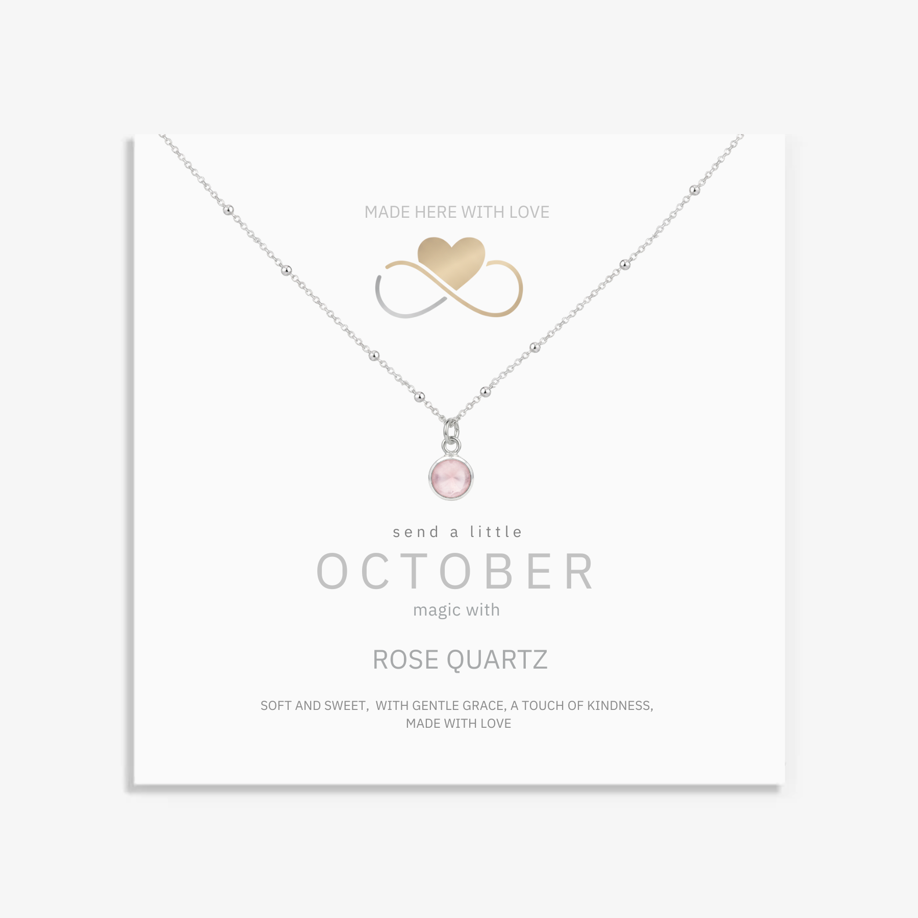 October birthstone necklace with rose quartz charm, sterling silver UK