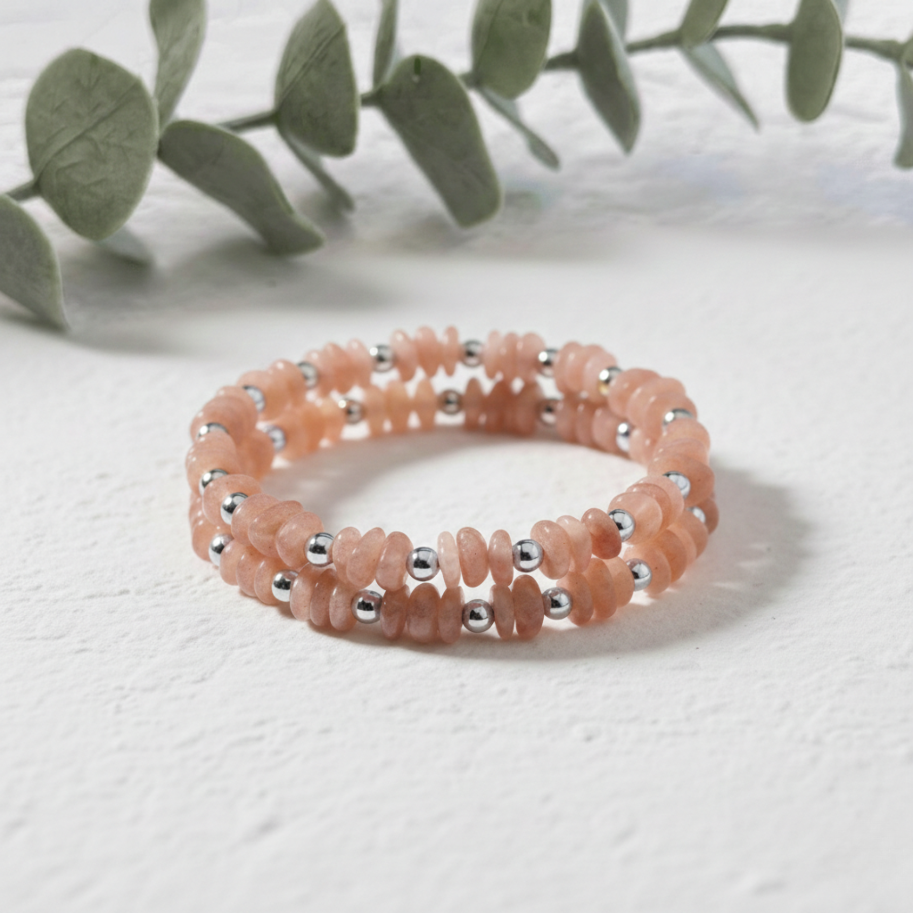 Peach moonstone and sterling silver bead stretch bracelet, soft June birthstone jewellery