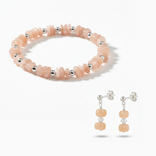 Peach moonstone jewellery set in sterling silver, soft blush gemstone alternative June birthstone gift for bridesmaids or birthdays.